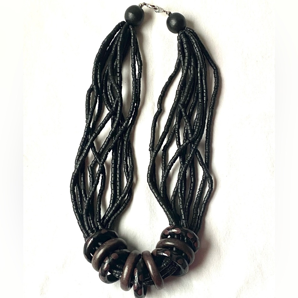10 Strand Beaded Chocker Style Necklace With Carved Round Painted Wooden Rings